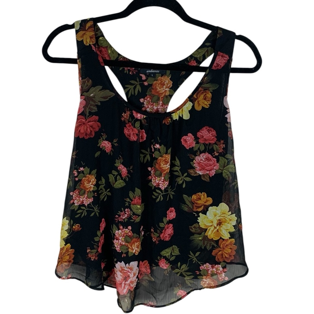 LAST CHANCE! Ambiance Black Floral Sheer Racer Cross Back Cropped Tank Top L Y2K